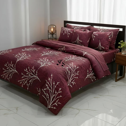 7pc Cotton Comforter Set Mehroon Twigs