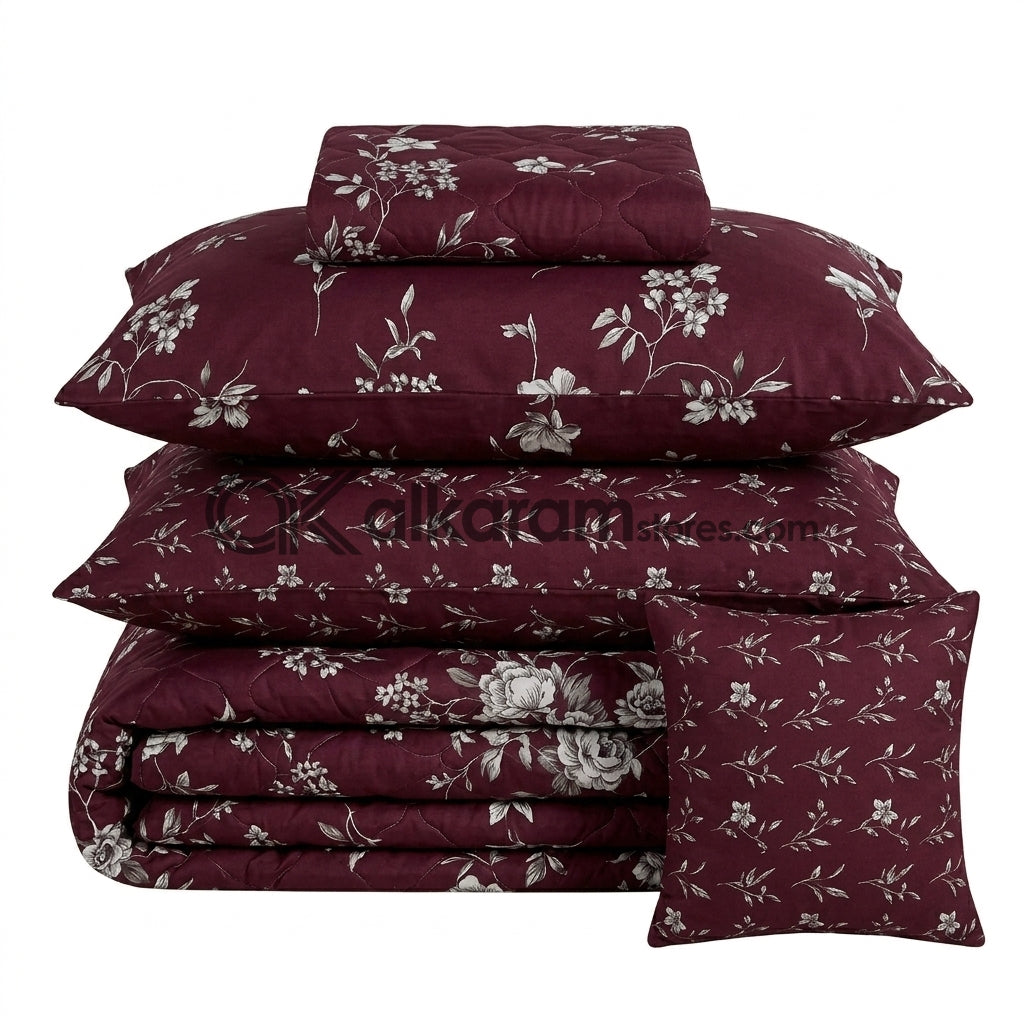 7pc Cotton Comforter Set Burgundy Floral