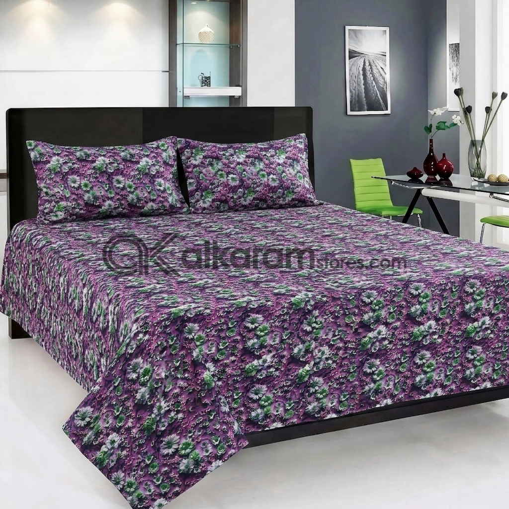 Pure Cotton 3pc Bedsheet Purple Meadow
