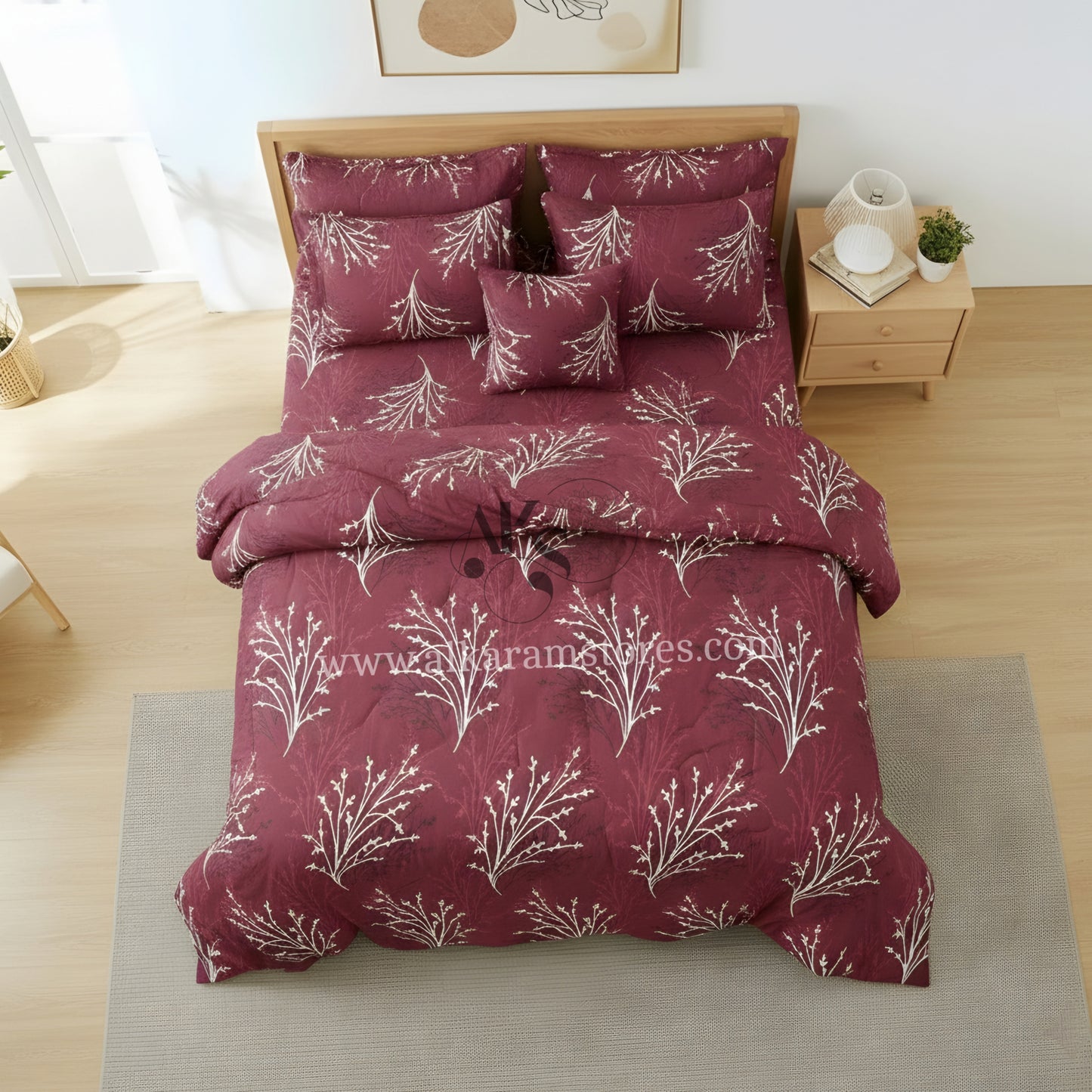 7pc Cotton Comforter Set Mehroon Twigs