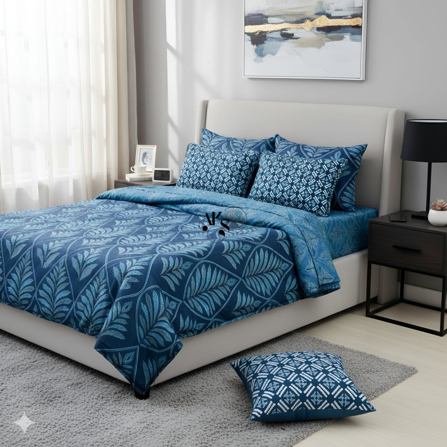 7pc Cotton Comforter Set Blue Crystal