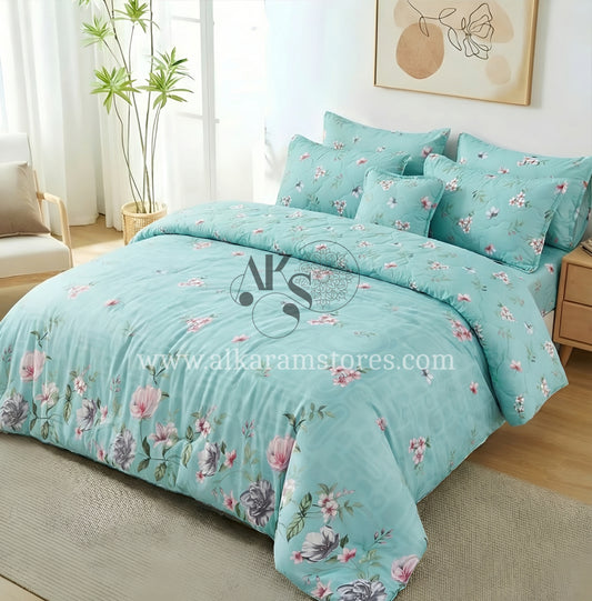 7pc Cotton Comforter Set Aqua Floral