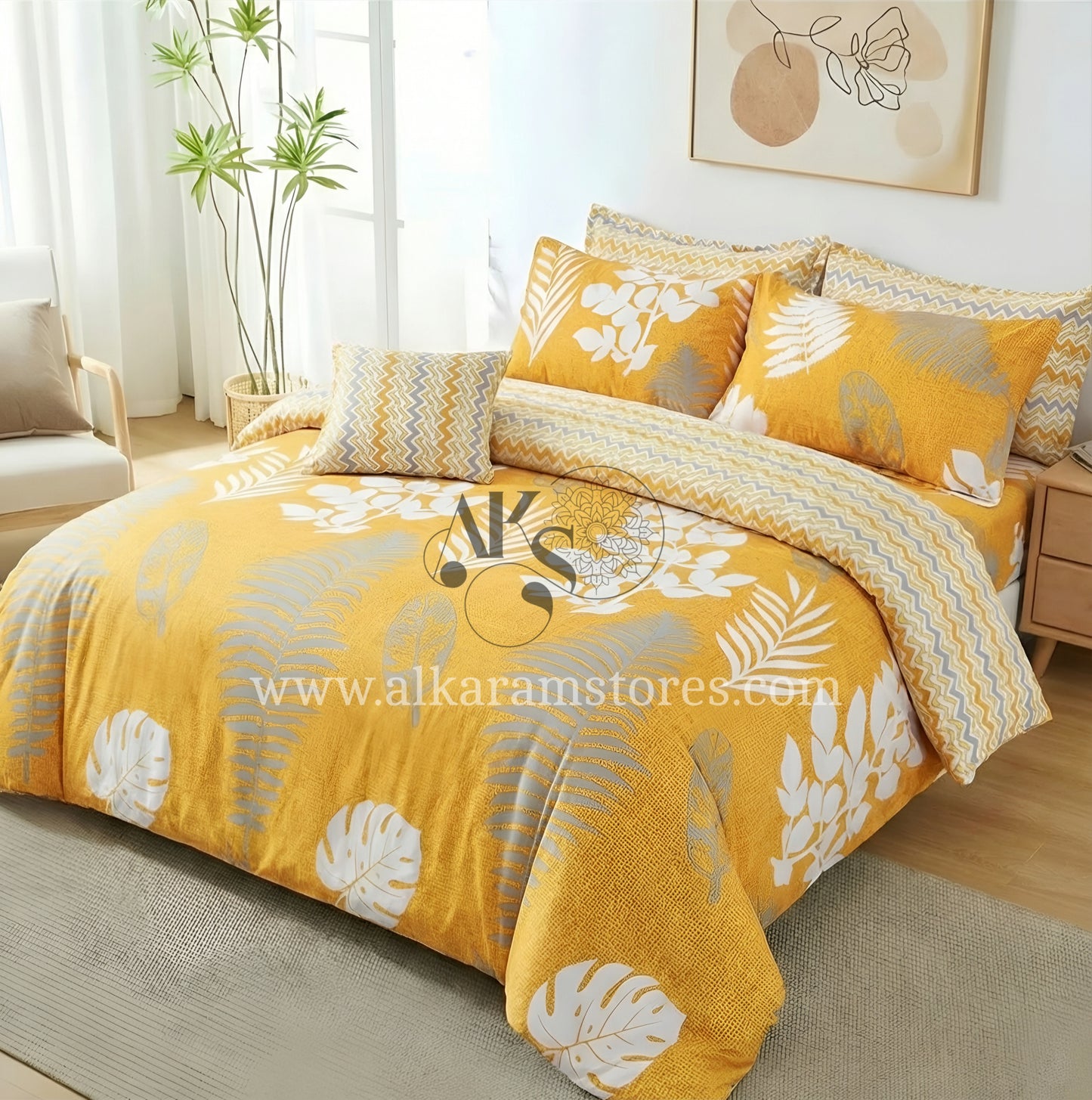 7pc Cotton Comforter Set Yellow Feather