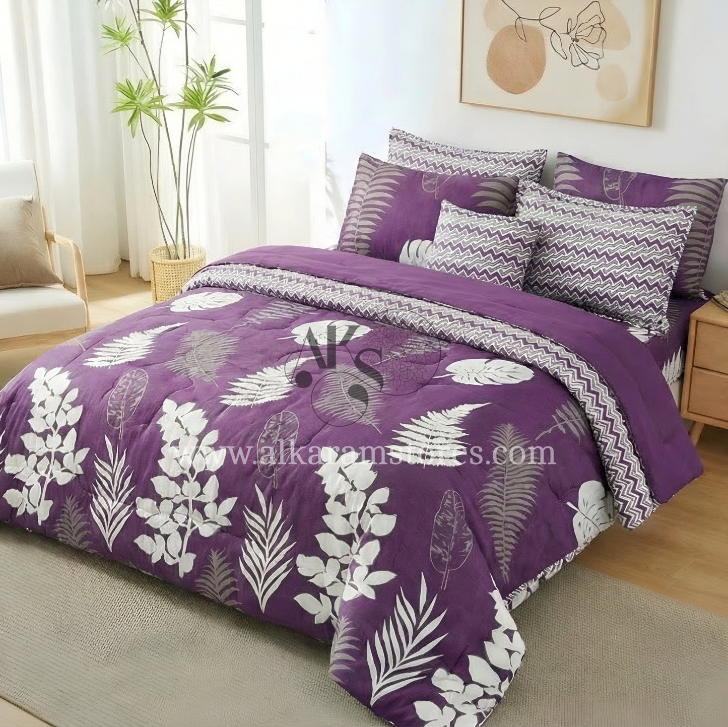 7pc Cotton Comforter Set Purple Feather