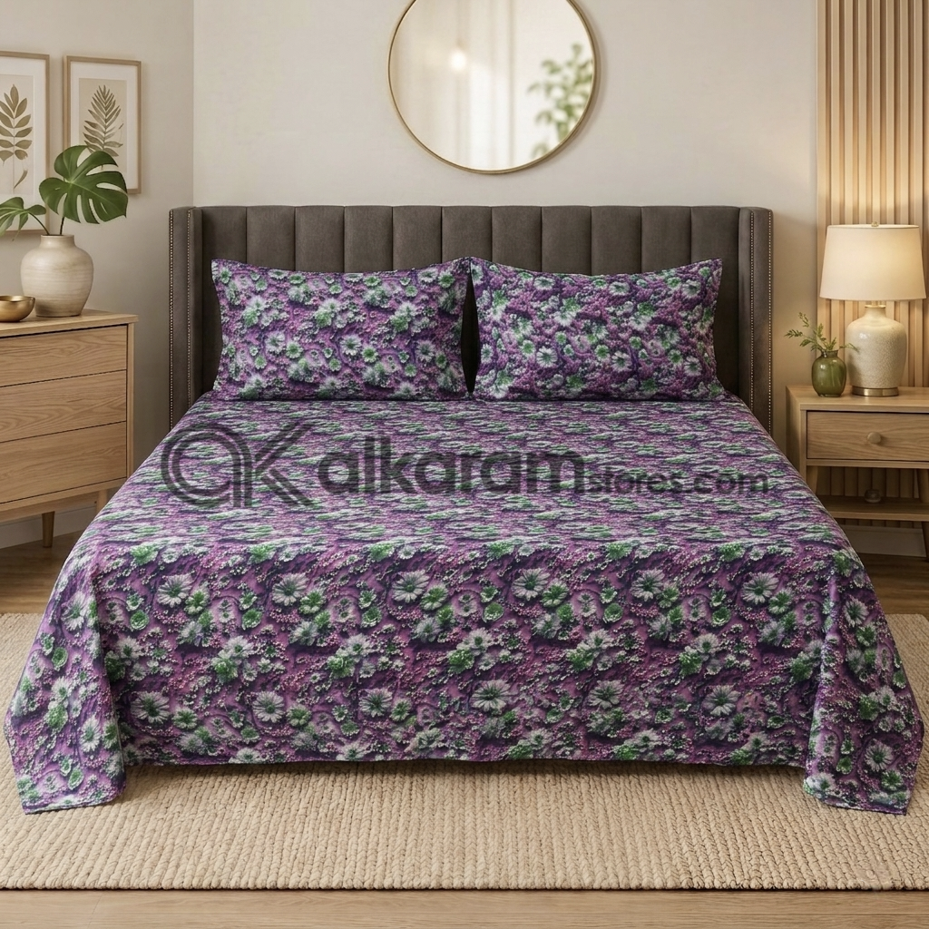 Pure Cotton 3pc Bedsheet Purple Meadow