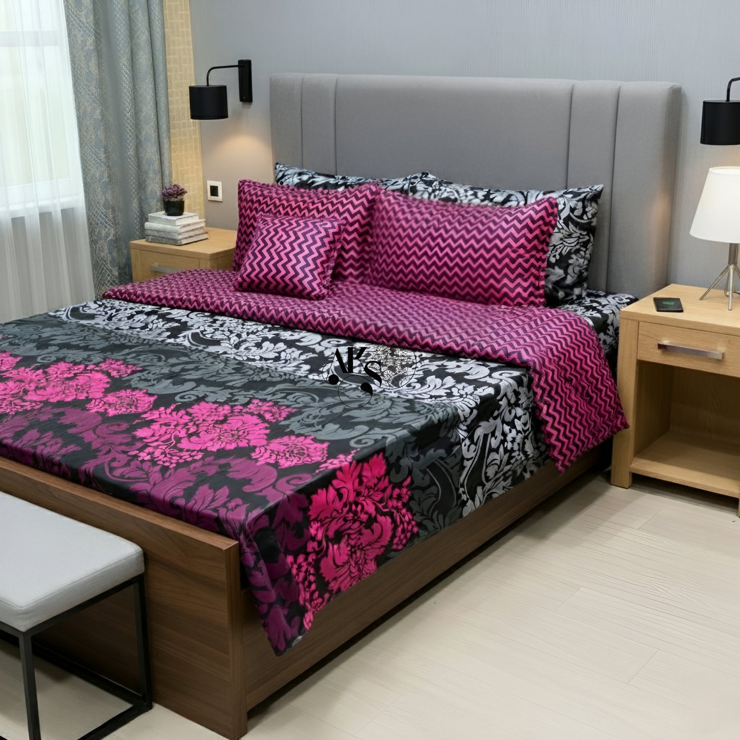 7pc Cotton Comforter Set Purple Chevron