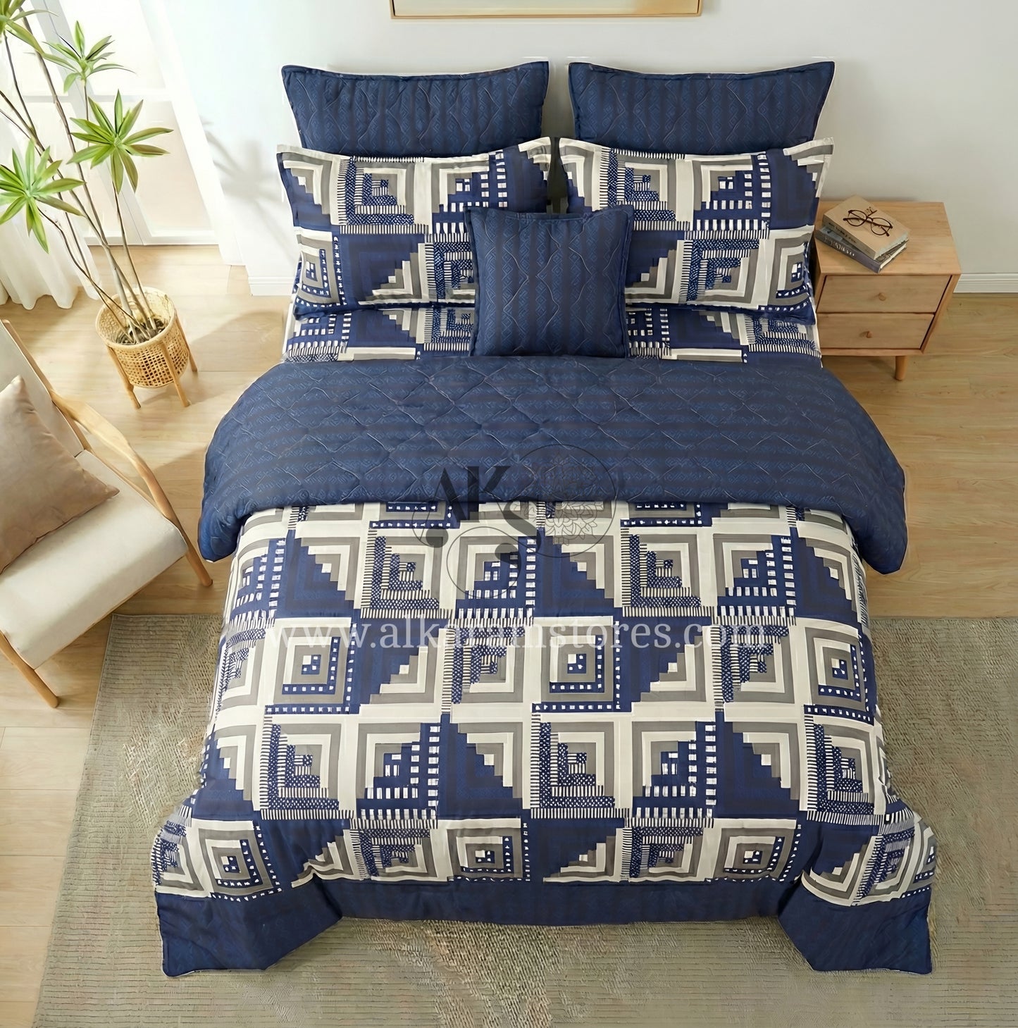 7pc Cotton Comforter Set Blue Stairs