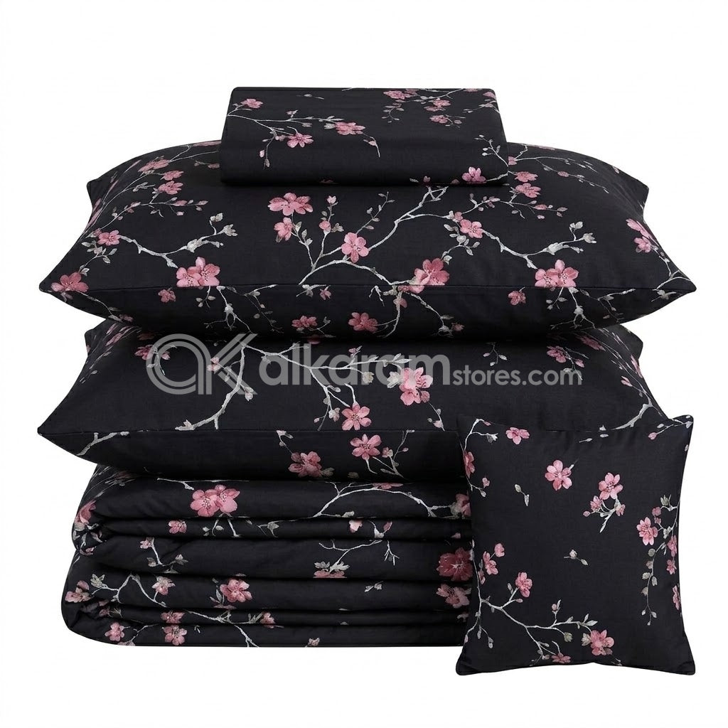 7pc Cotton Comforter Set Black Hollyhock