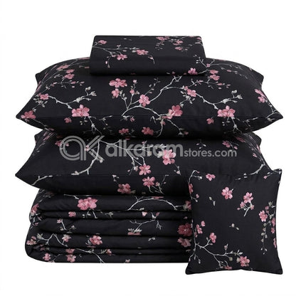 7pc Cotton Comforter Set Black Hollyhock