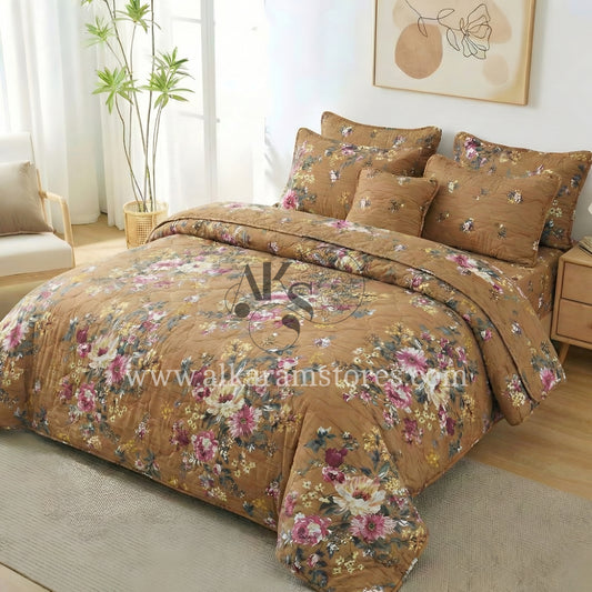 7pc Cotton Comforter Set Brown Floral