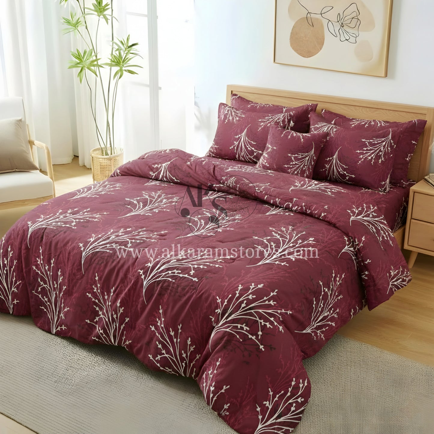 7pc Cotton Comforter Set Mehroon Twigs