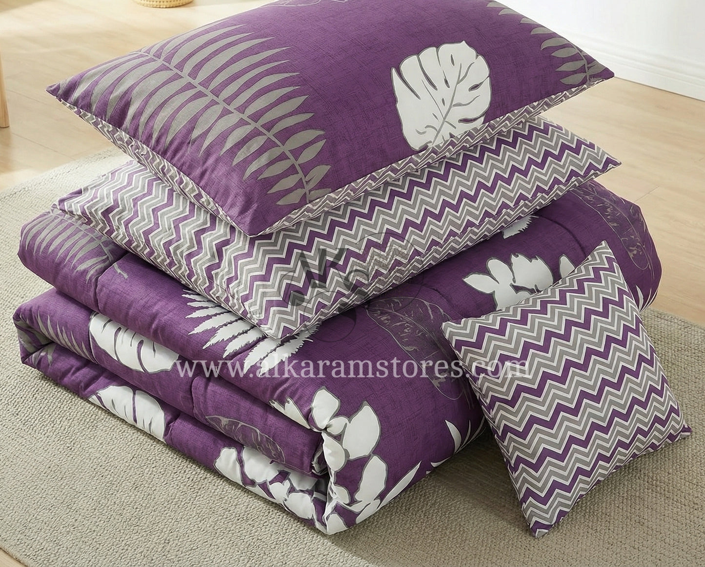 7pc Cotton Comforter Set Purple Feather