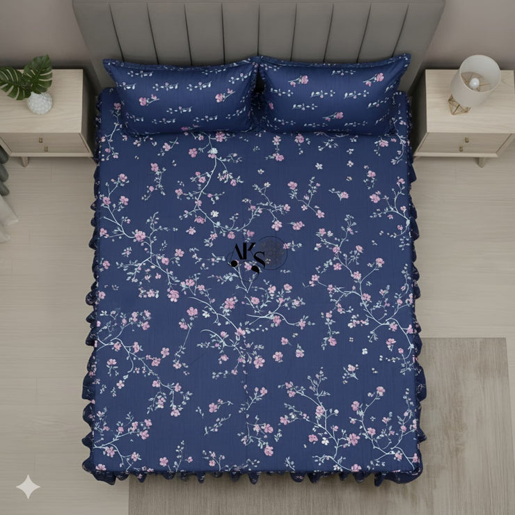 Cotton Frill 3pc Bedsheet Purple Hollyhock