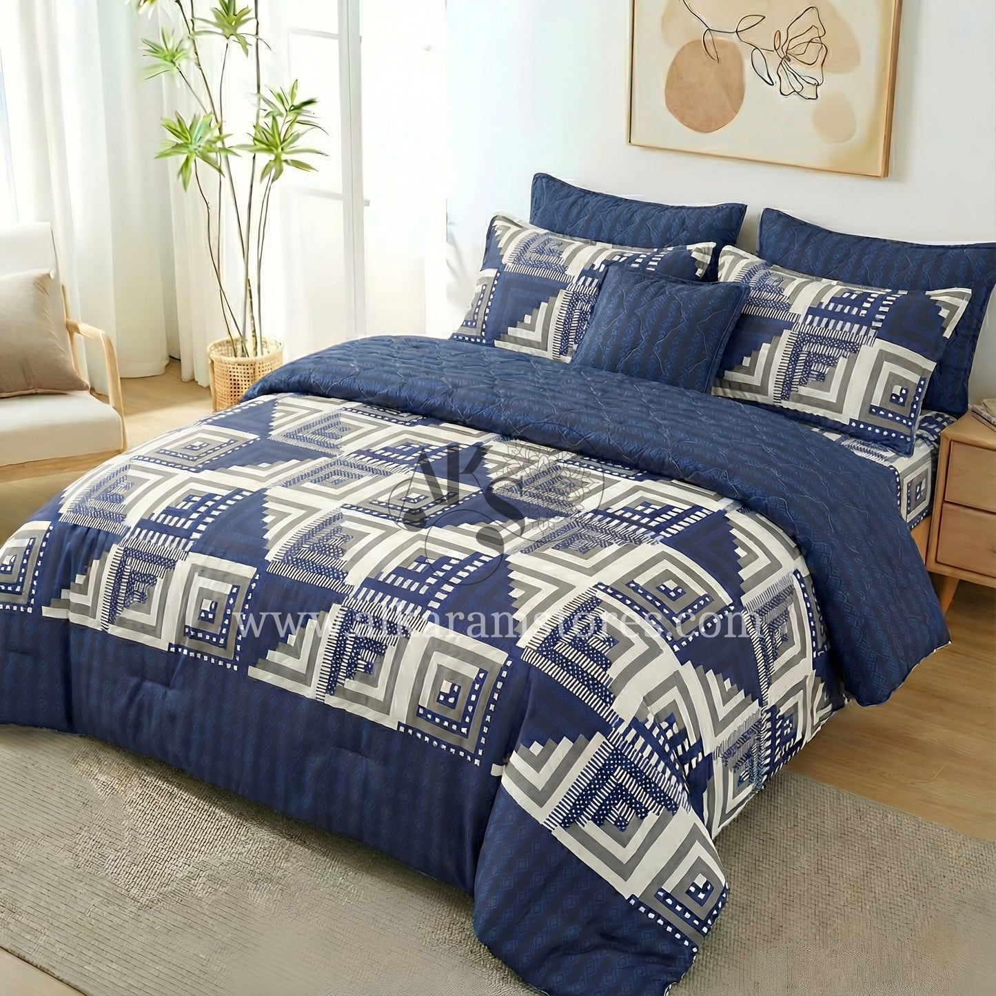 7pc Cotton Comforter Set Blue Stairs
