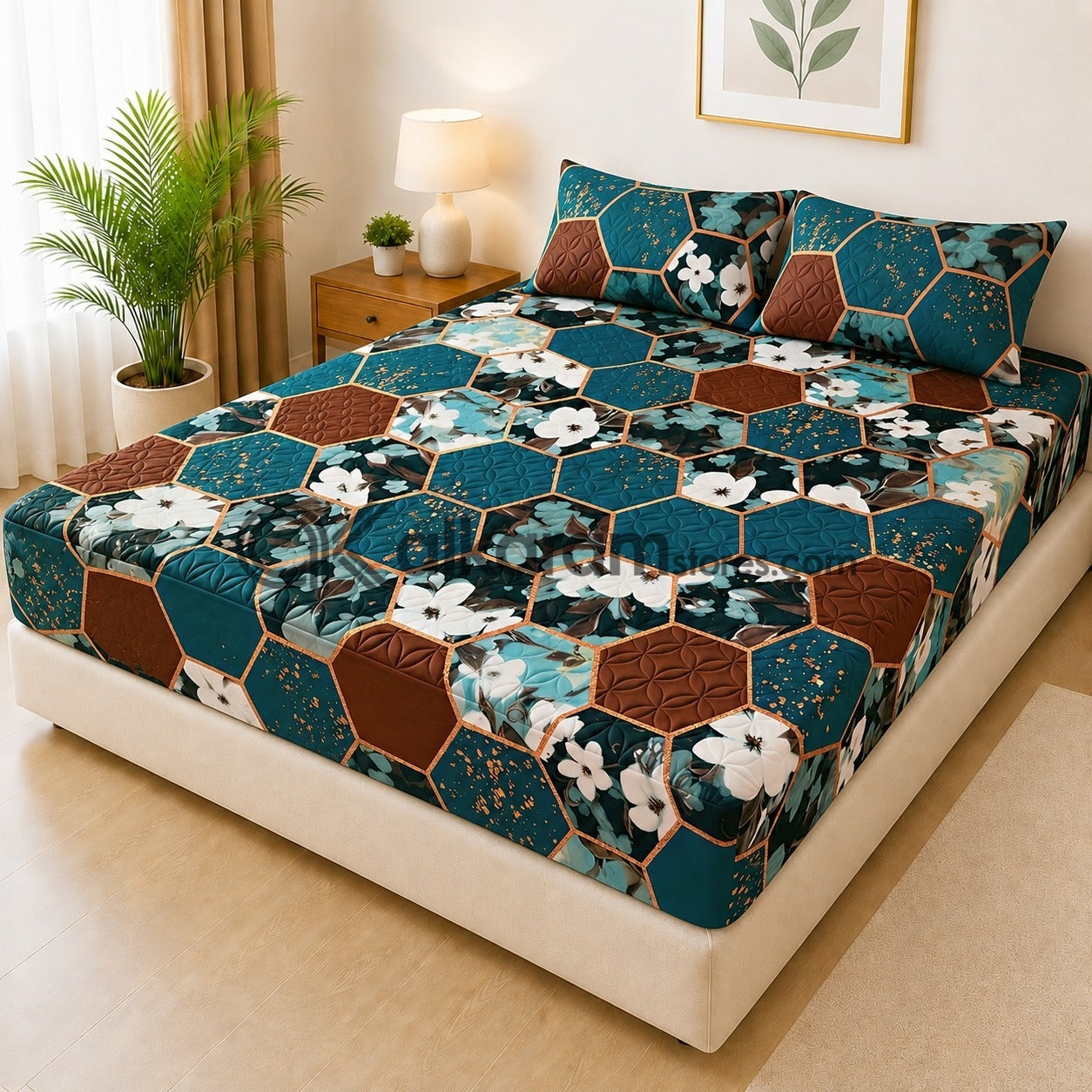 Midnight Hexagon Quilted Fitted 3pc Bedsheet