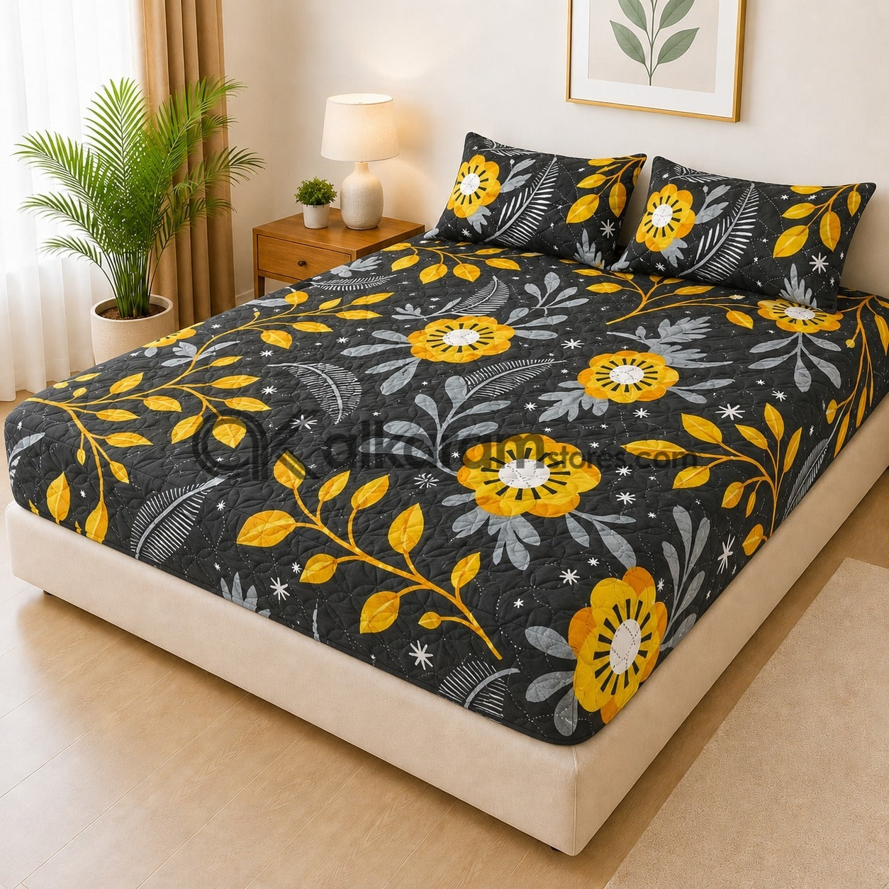Marigold Botanical Quilted Fitted 3pc Bedsheet