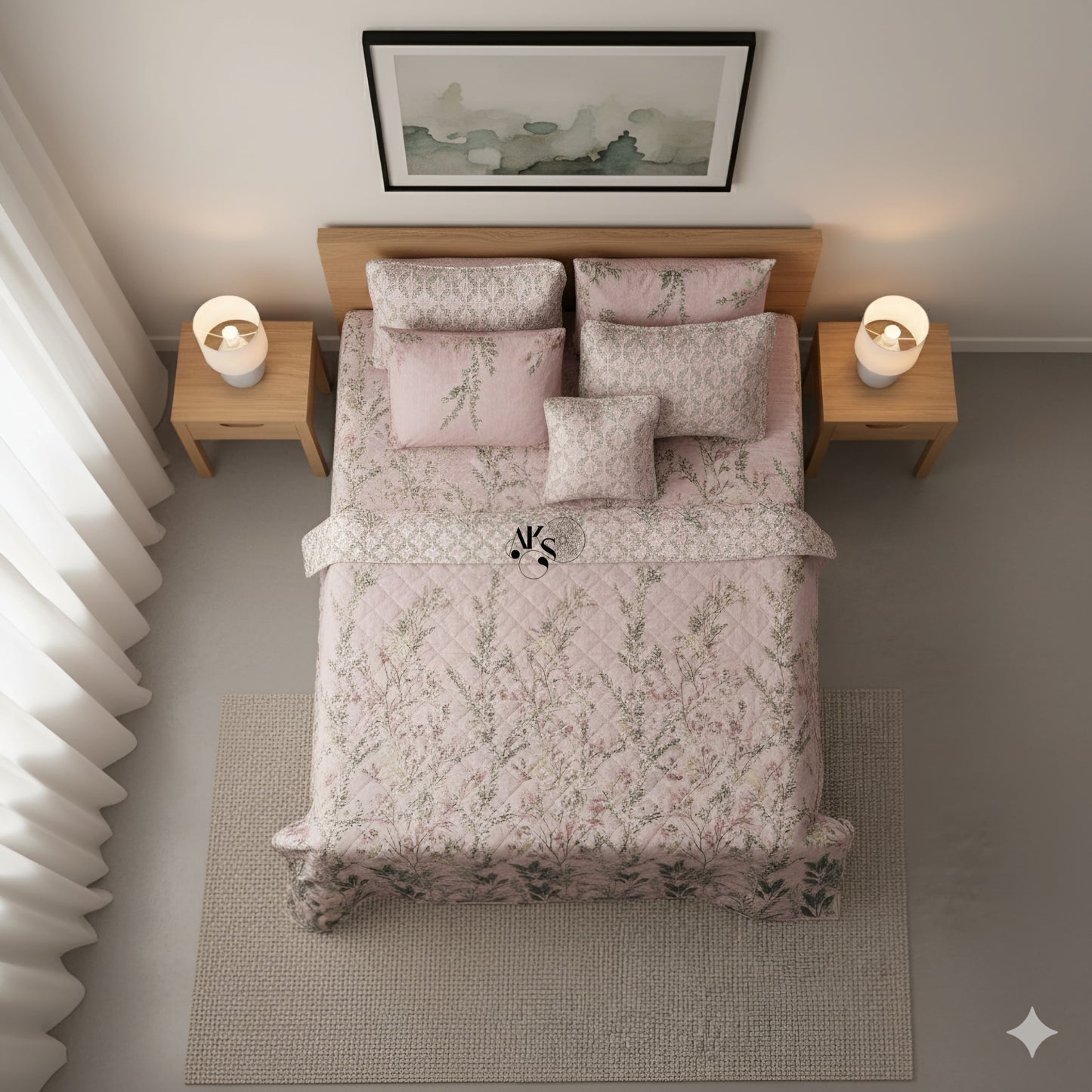 7pc Cotton Comforter Set Pink Shrubs