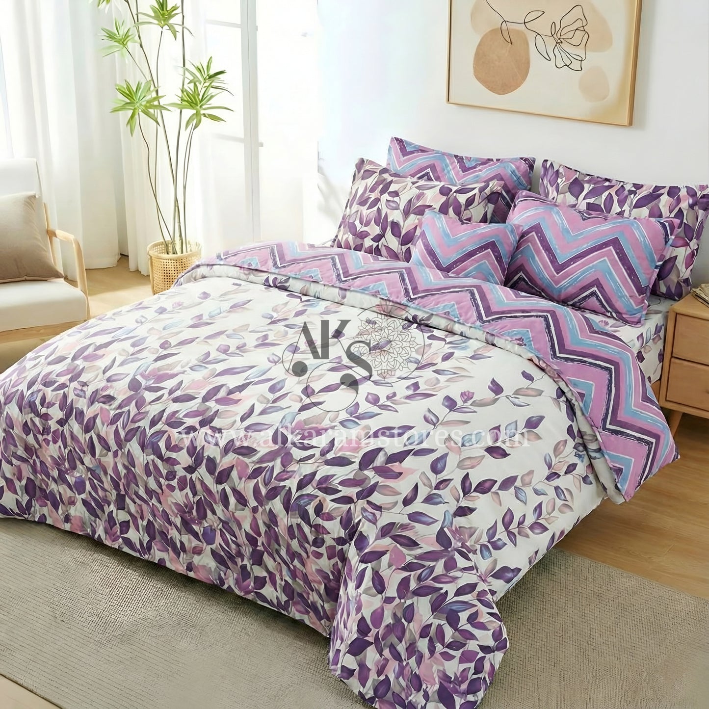 7pc Cotton Comforter Set Purple Botanical