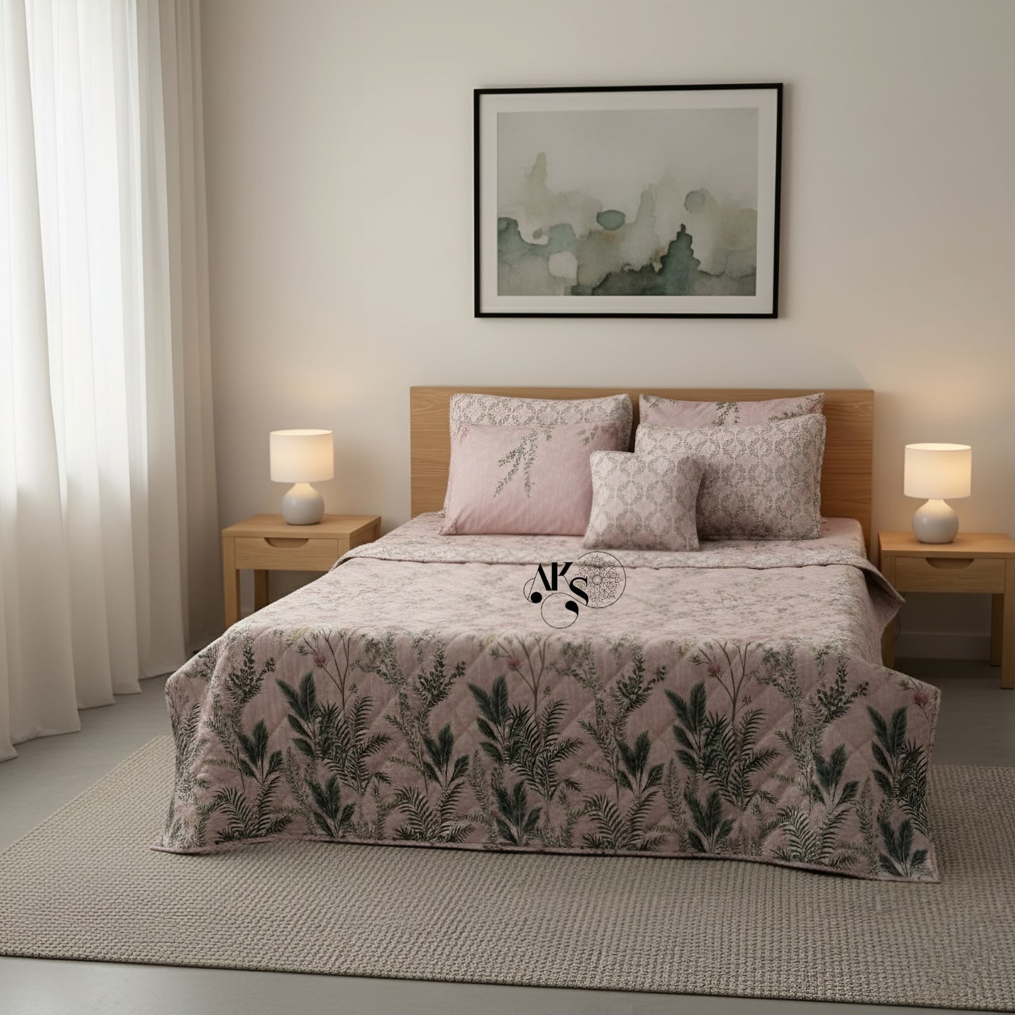 7pc Cotton Comforter Set Pink Shrubs