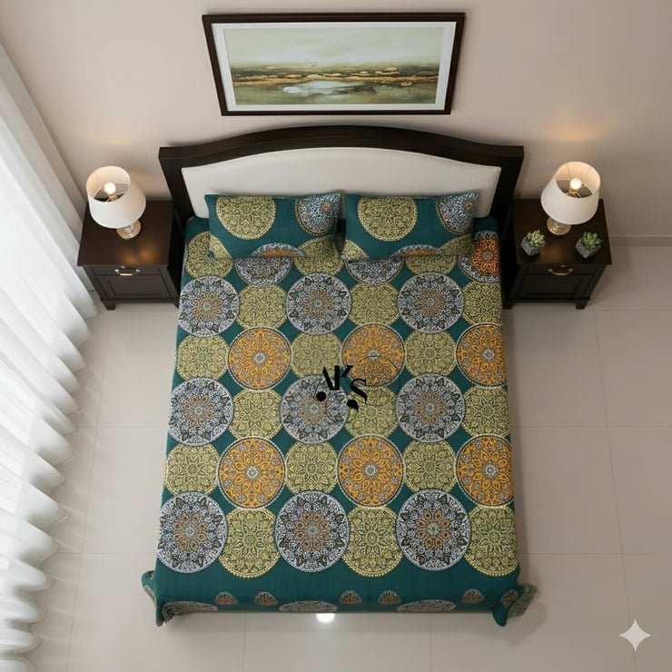 Crystal Cotton 3pc Bedsheet Green Medallion