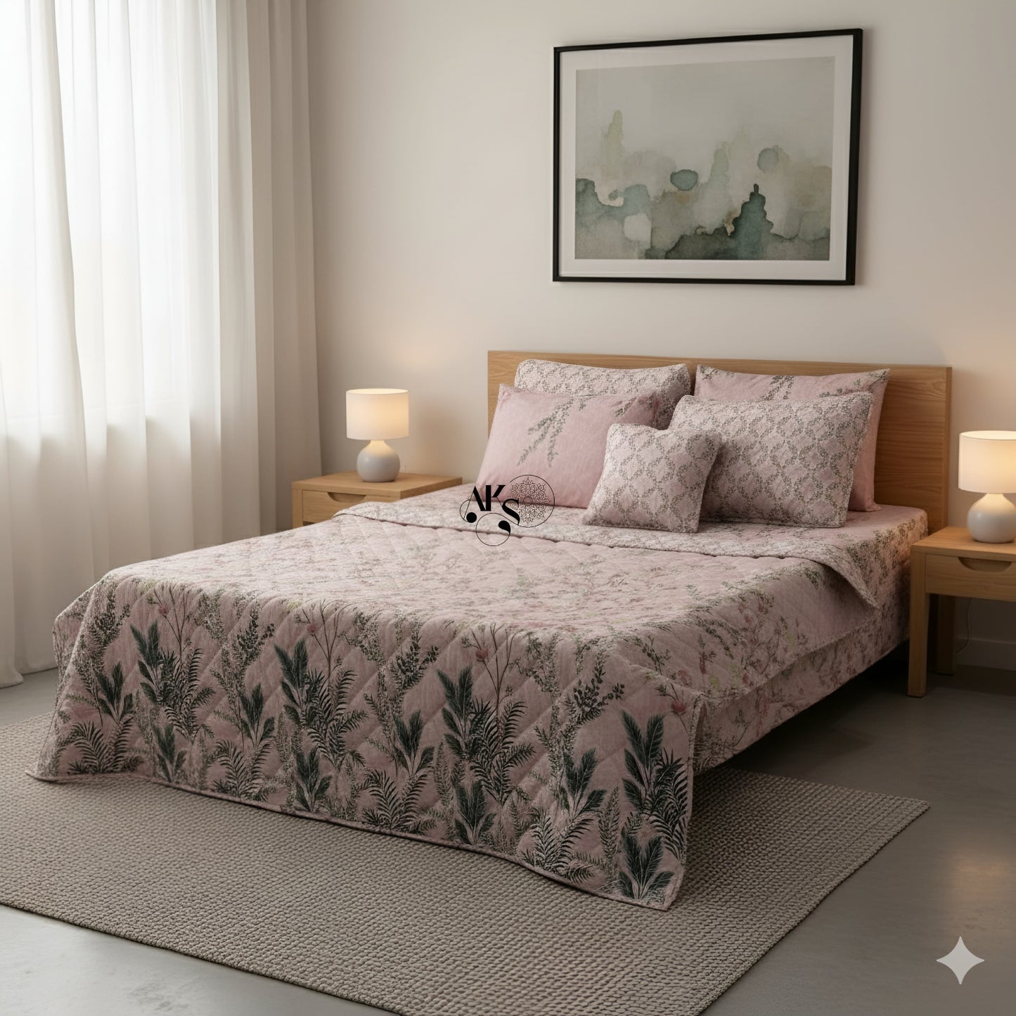 7pc Cotton Comforter Set Pink Shrubs