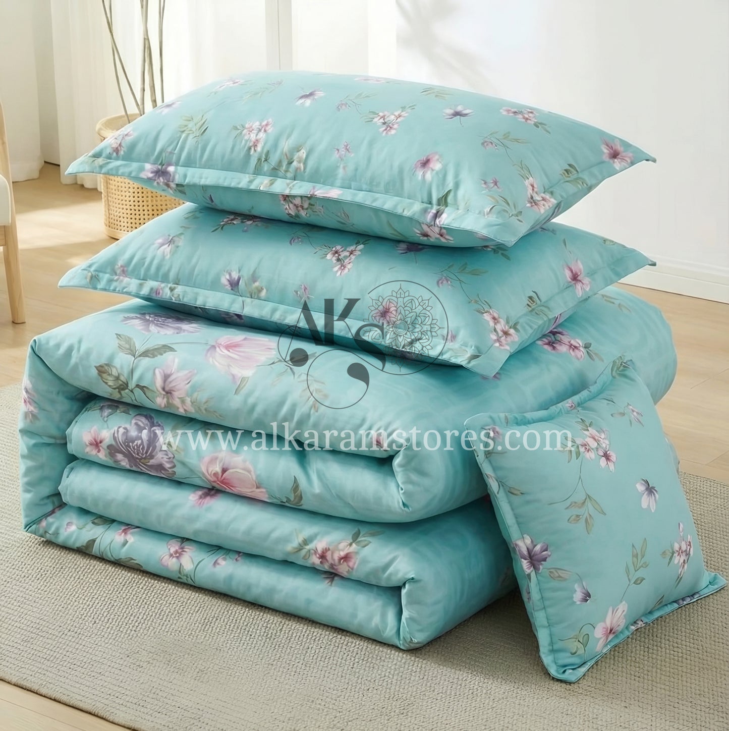 7pc Cotton Comforter Set Aqua Floral