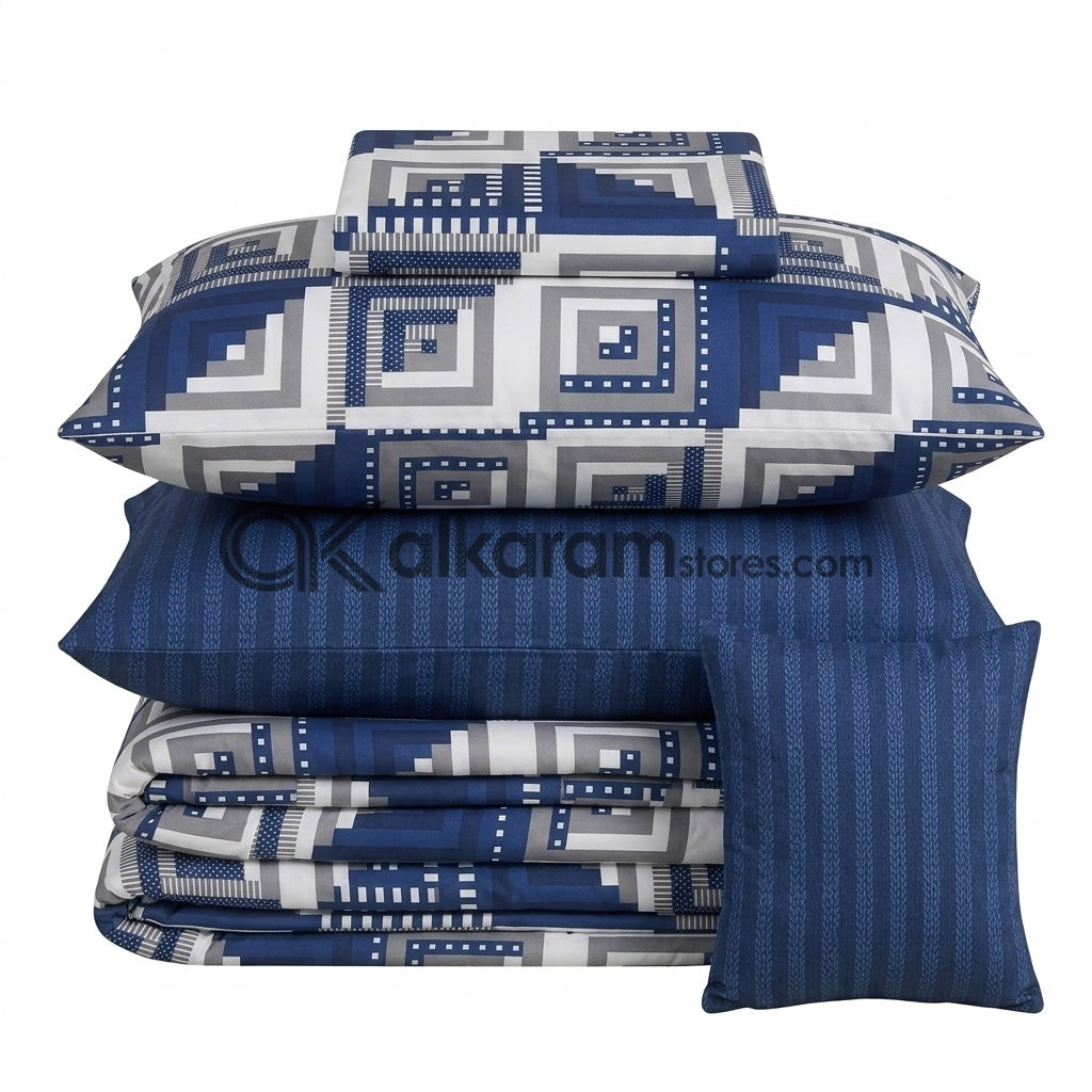 7pc Cotton Comforter Set Blue Stairs