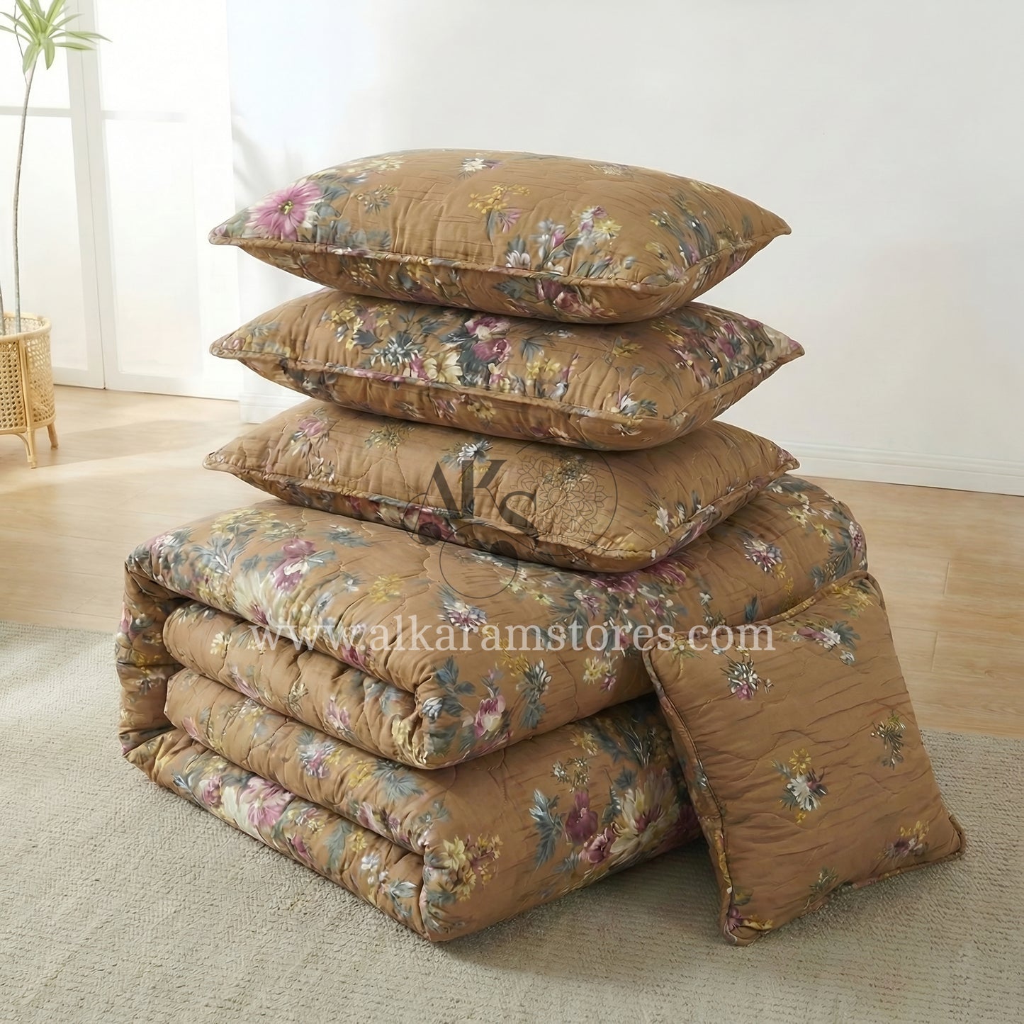 7pc Cotton Comforter Set Brown Floral