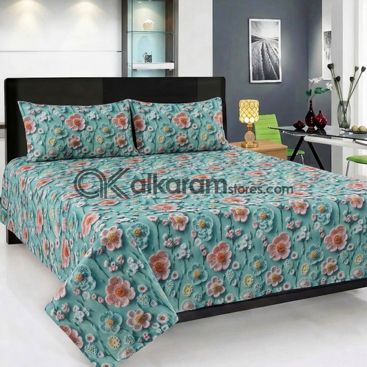 Pure Cotton 3pc Bedsheet Aqua Blossom