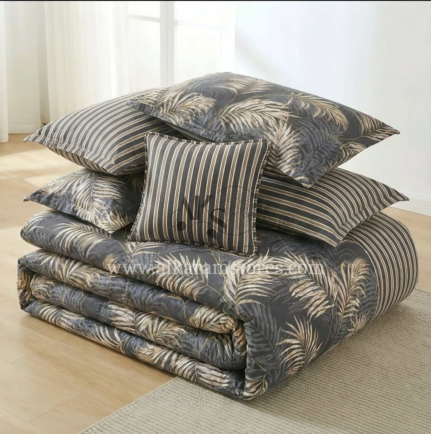 7pc Cotton Comforter Set Black Feather