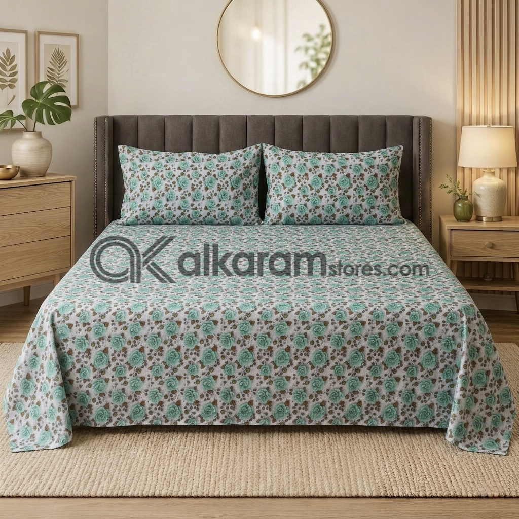 Pure Cotton 3pc Bedsheet Mint Rose