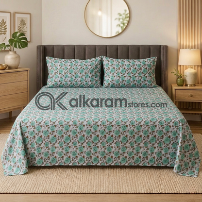 Pure Cotton 3pc Bedsheet Mint Rose