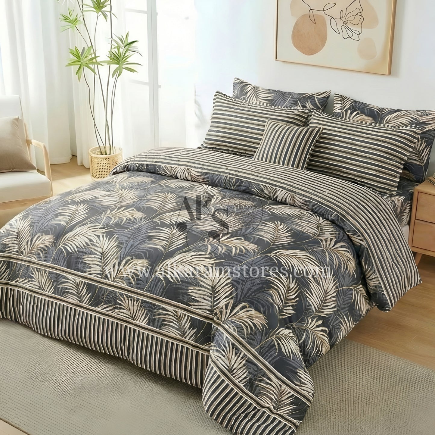 7pc Cotton Comforter Set Black Feather