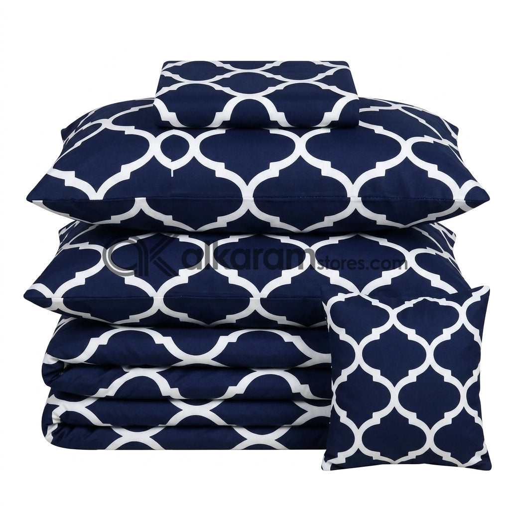 7pc Cotton Comforter Set Blue Moroccan
