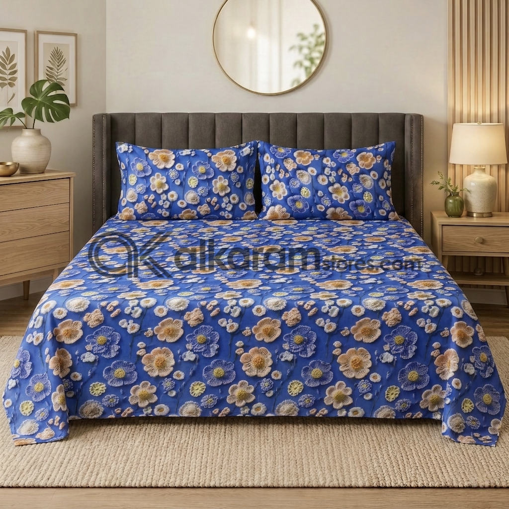 Pure Cotton 3pc Bedsheet Blue Marigold