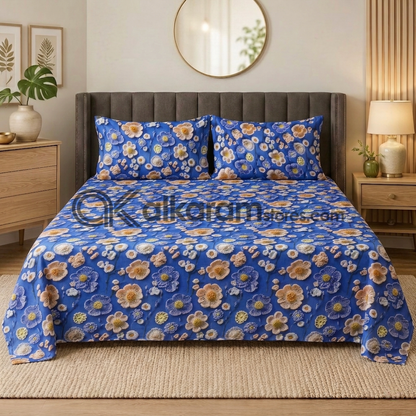 Pure Cotton 3pc Bedsheet Blue Marigold