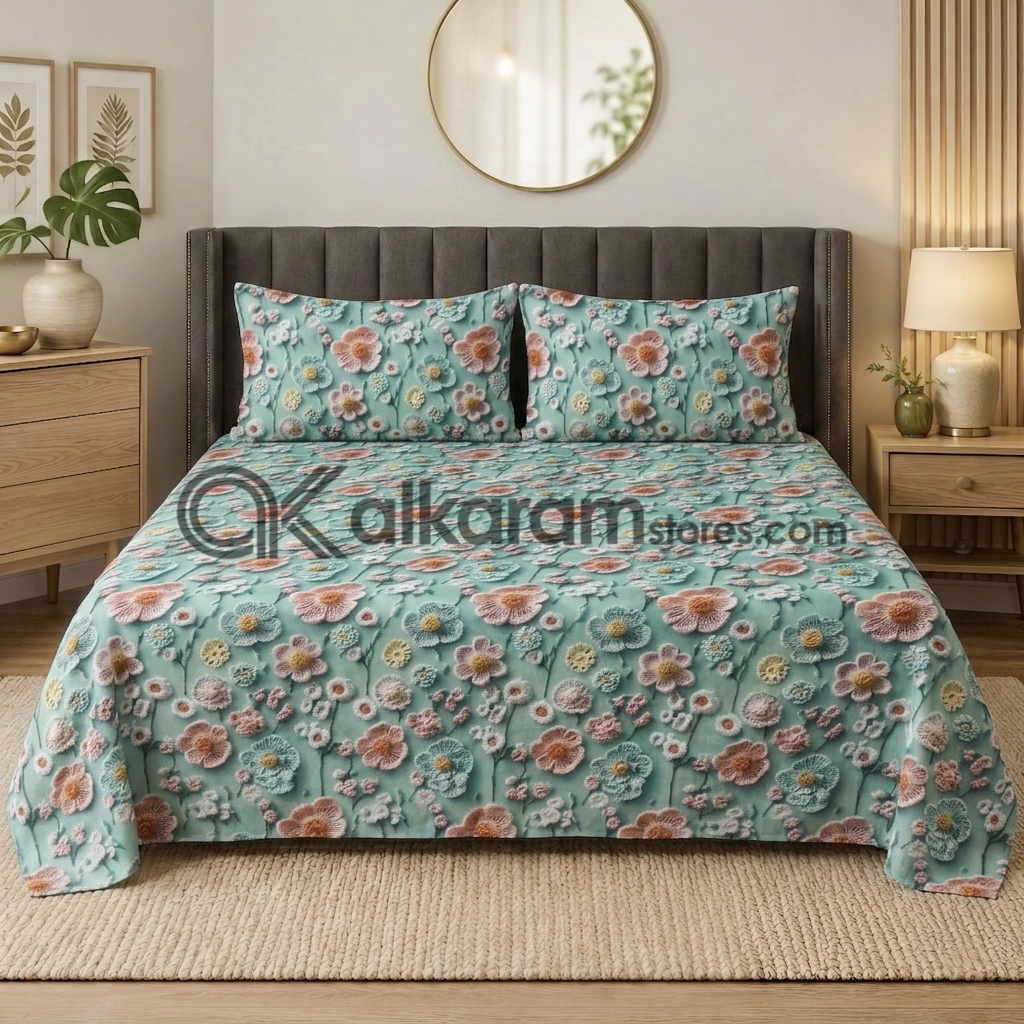 Pure Cotton 3pc Bedsheet Aqua Blossom