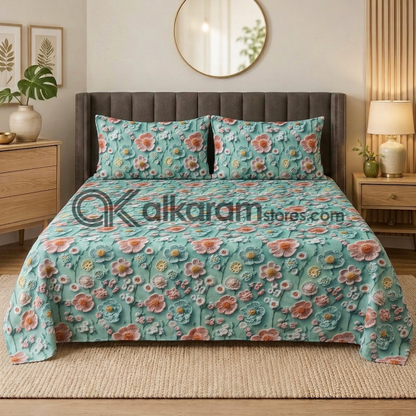 Pure Cotton 3pc Bedsheet Aqua Blossom