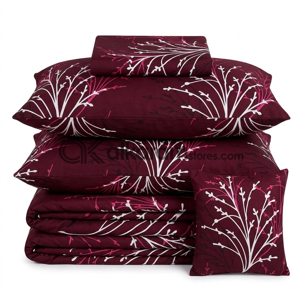 7pc Cotton Comforter Set Mehroon Twigs