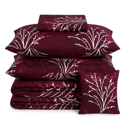 7pc Cotton Comforter Set Mehroon Twigs