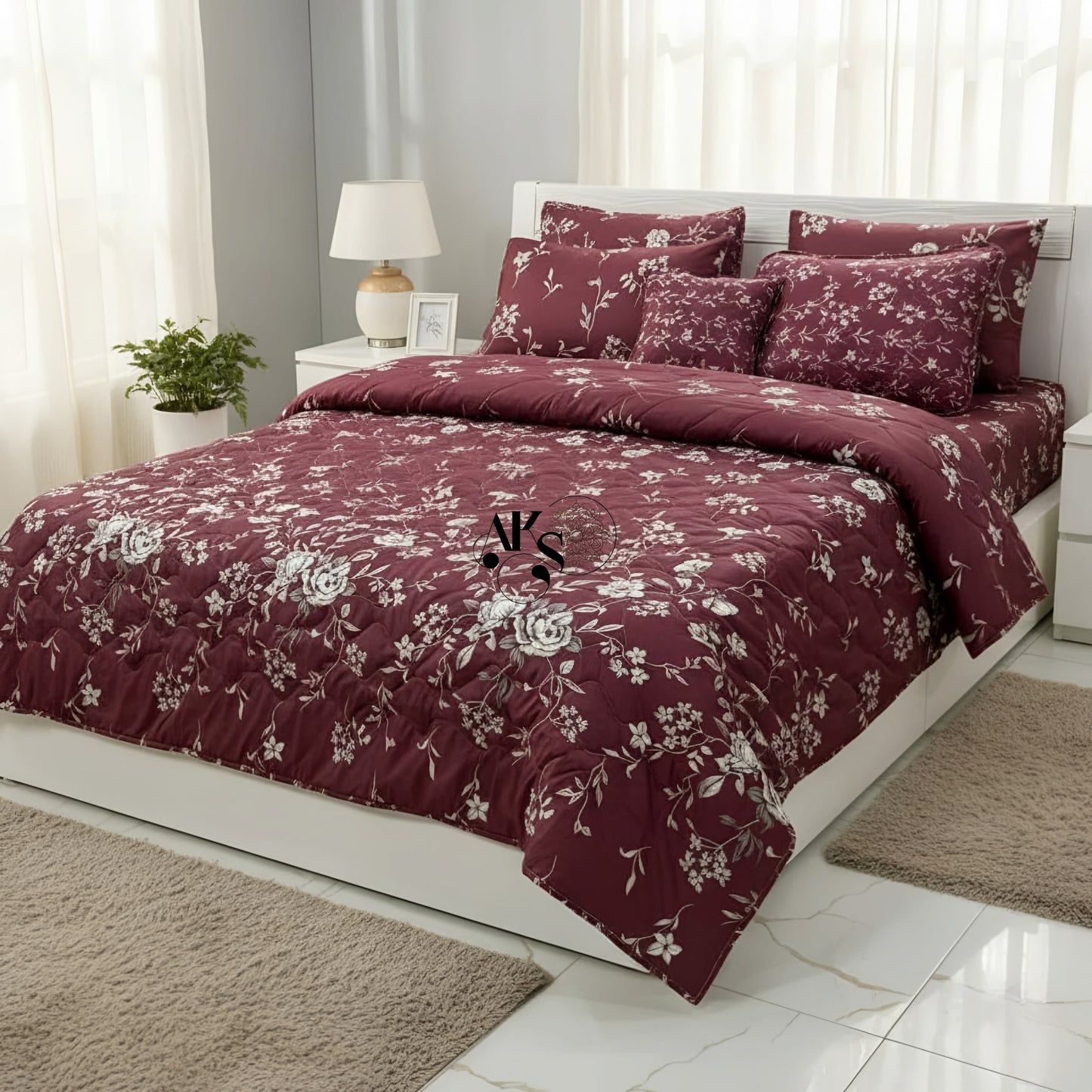 7pc Cotton Comforter Mehroon Beige