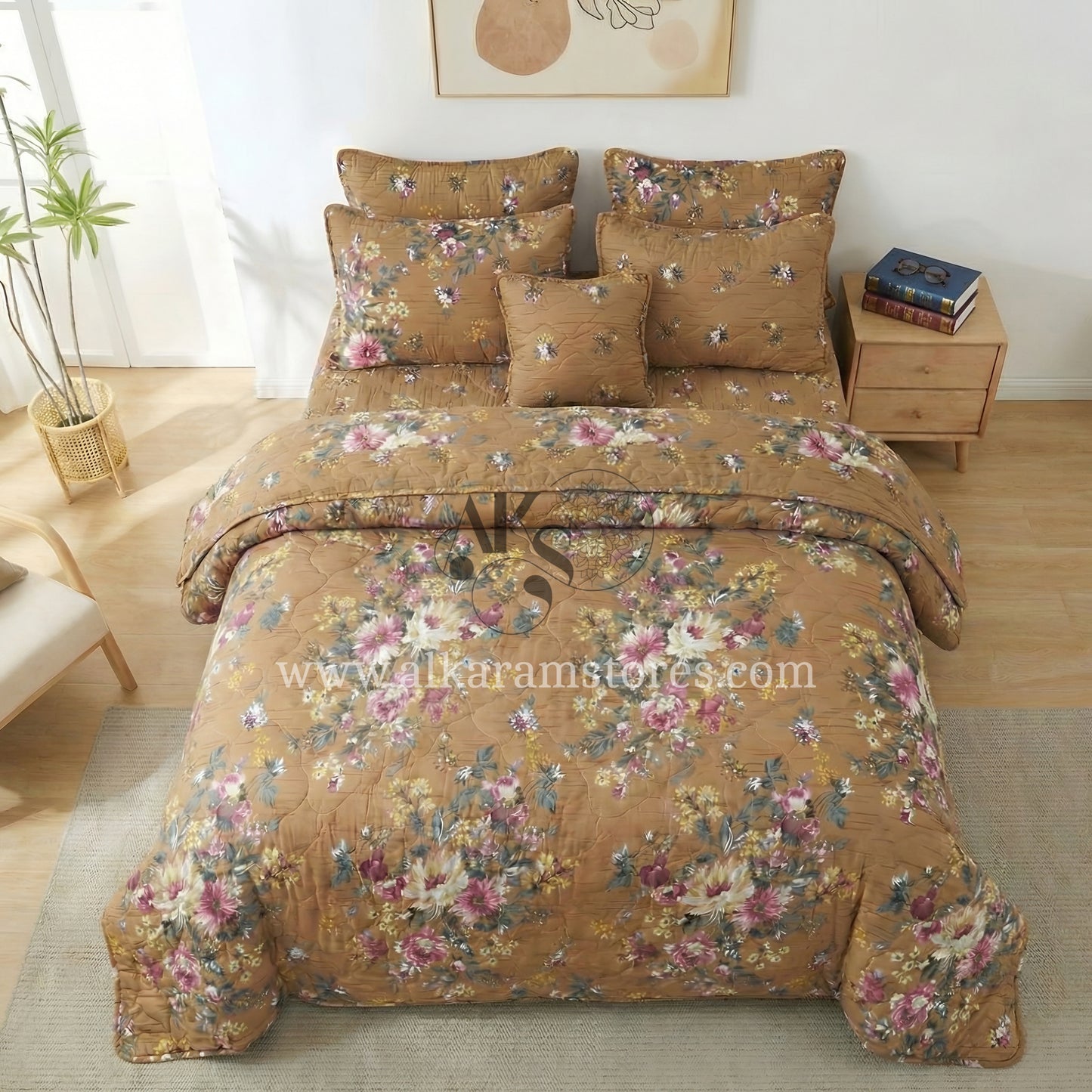 7pc Cotton Comforter Set Brown Floral