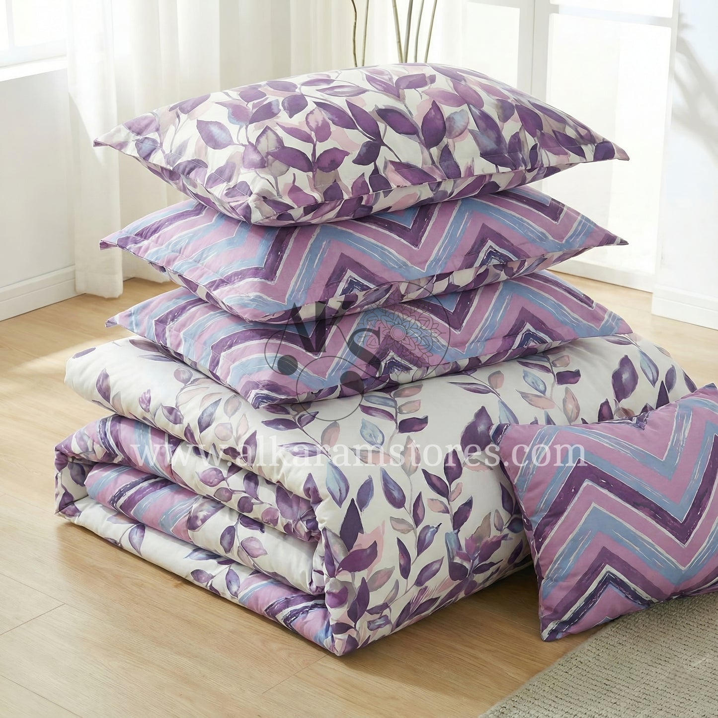 7pc Cotton Comforter Set Purple Botanical