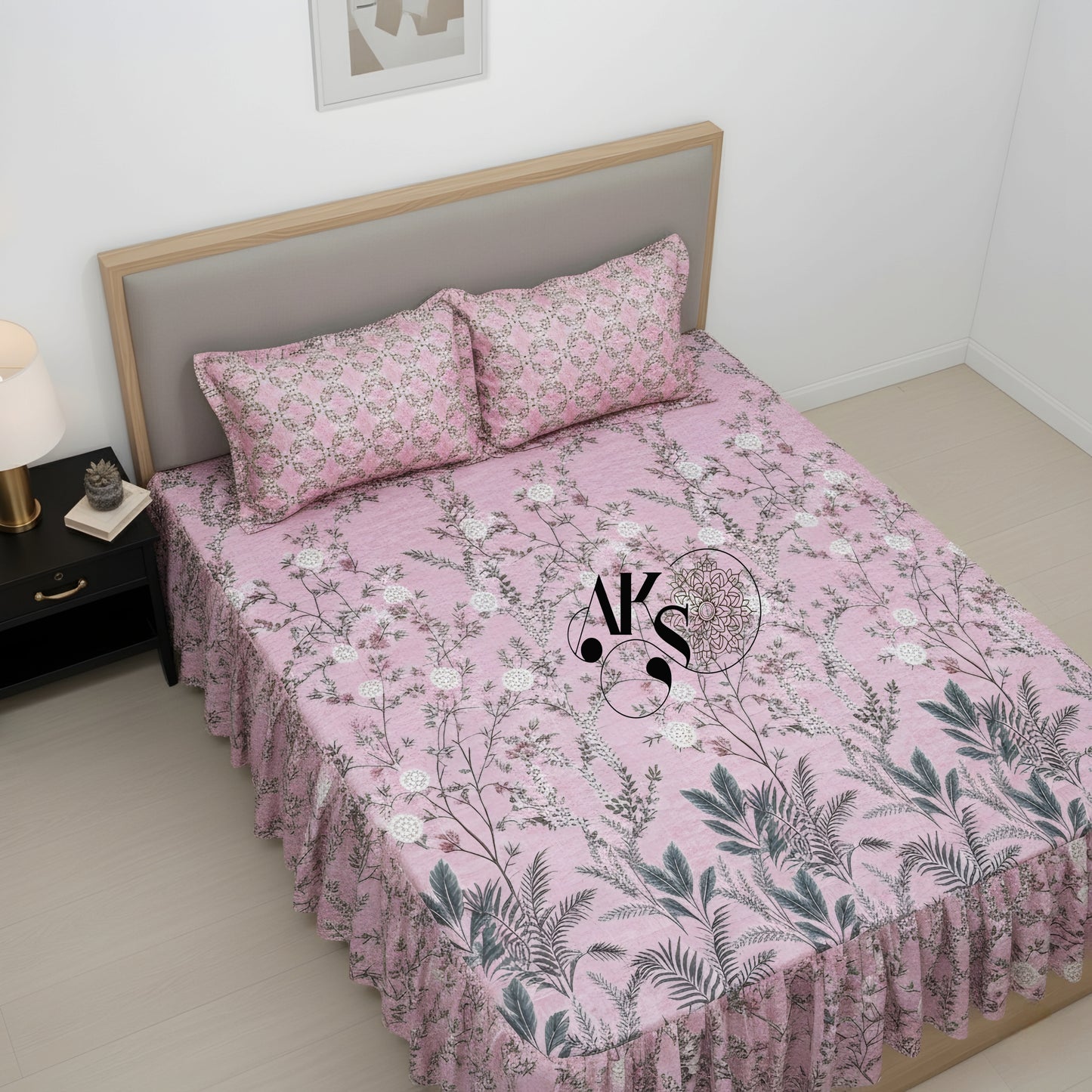 Cotton Frill 3pc Bedsheet - Pink Shrubs