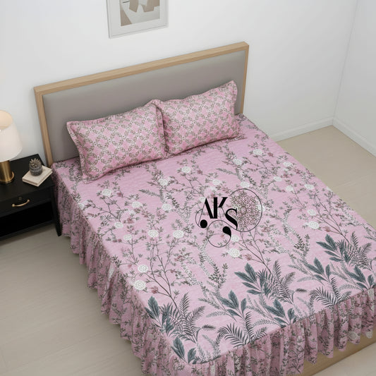 Cotton Frill 3pc Bedsheet - Pink Shrubs