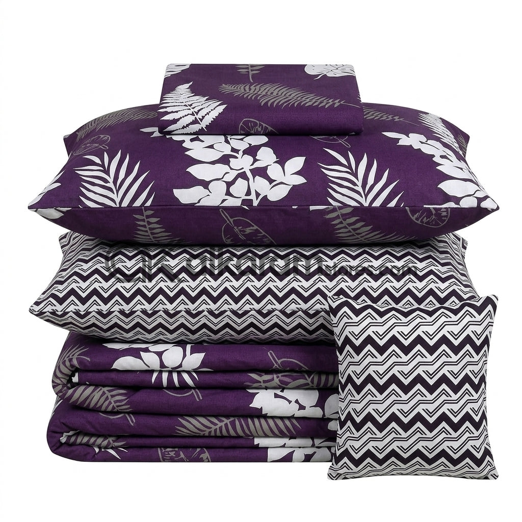7pc Cotton Comforter Set Purple Feather