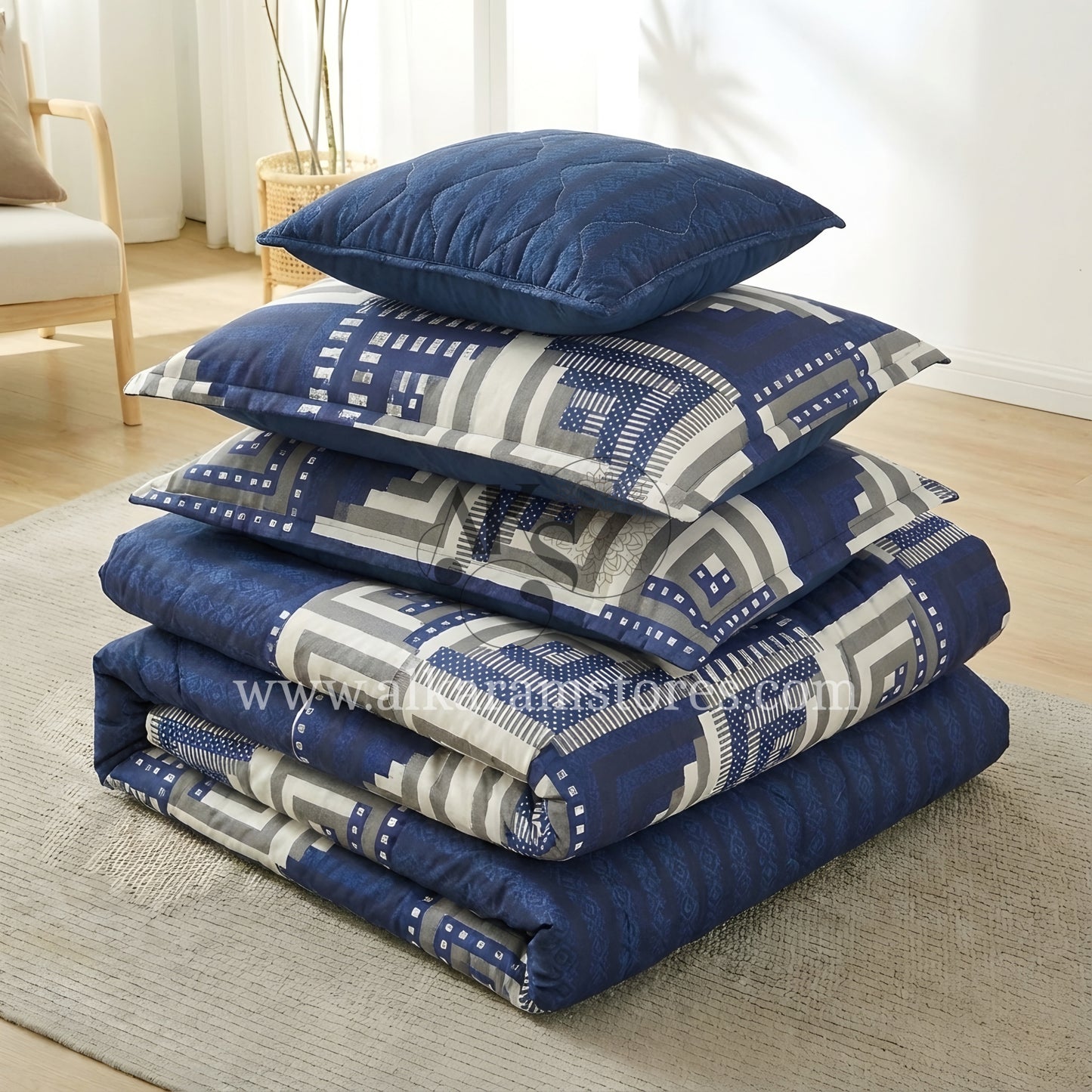 7pc Cotton Comforter Set Blue Stairs