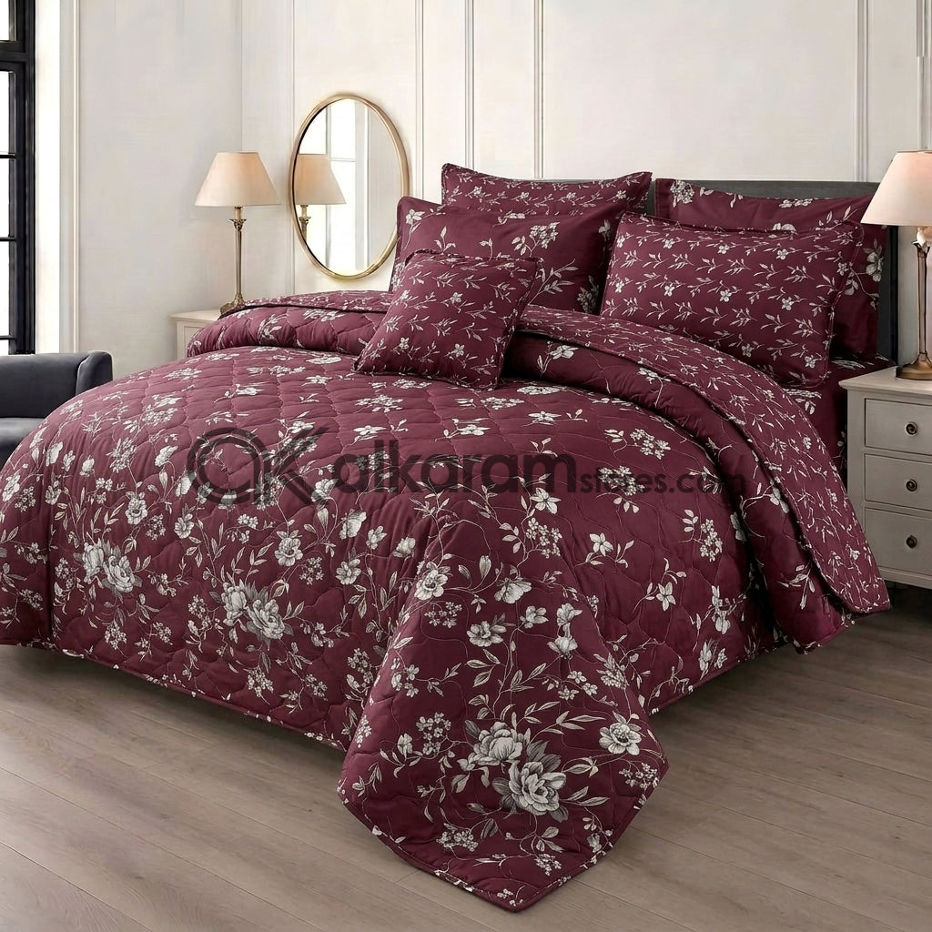 7pc Cotton Comforter Set Burgundy Floral