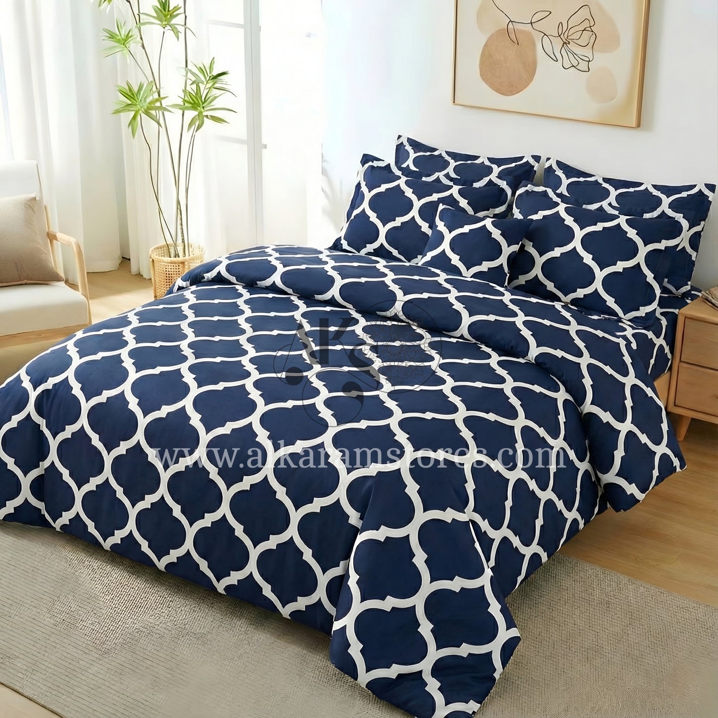 7pc Cotton Comforter Set Blue Moroccan