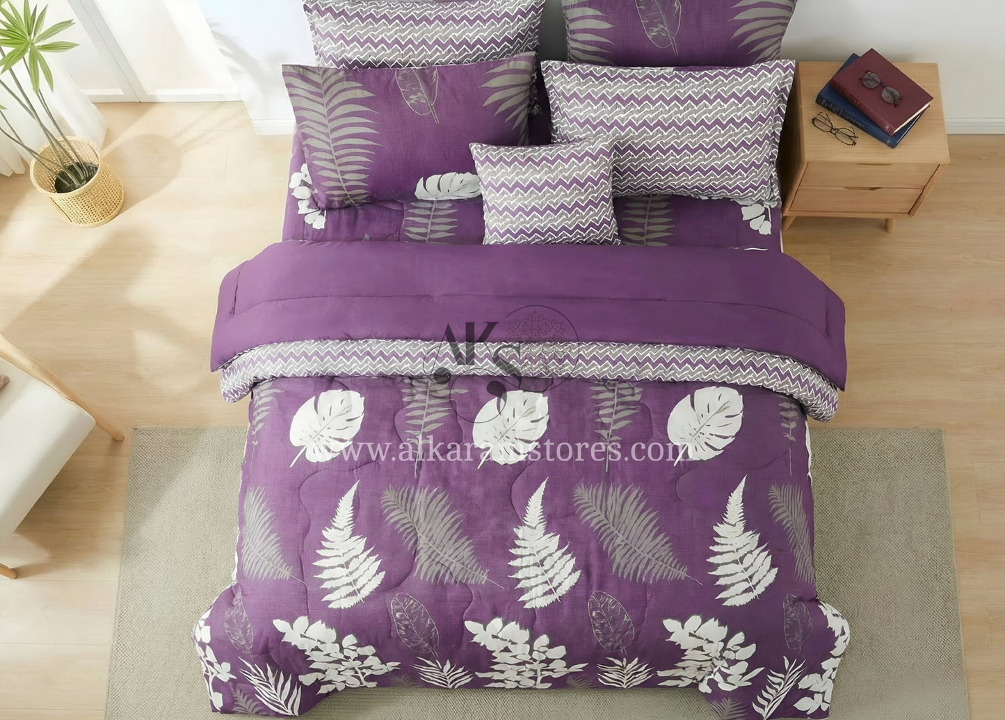 7pc Cotton Comforter Set Purple Feather